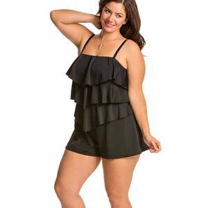 Fit 4 U Hi-Neck Double Tiered Romper Swimsuit - Black Size 20W